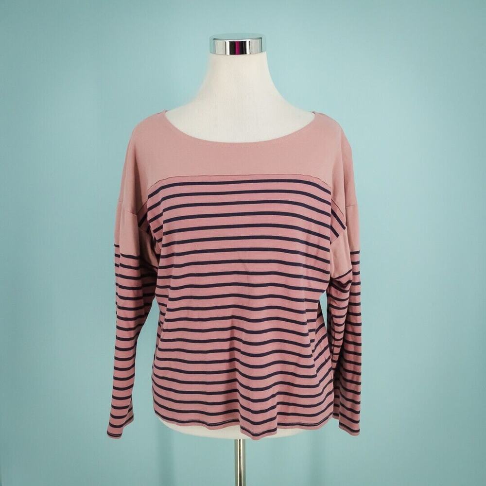 CP Shades Size Small S Pink Stripe Print Scoop Boat Neck Long Sleeve Cotton Top